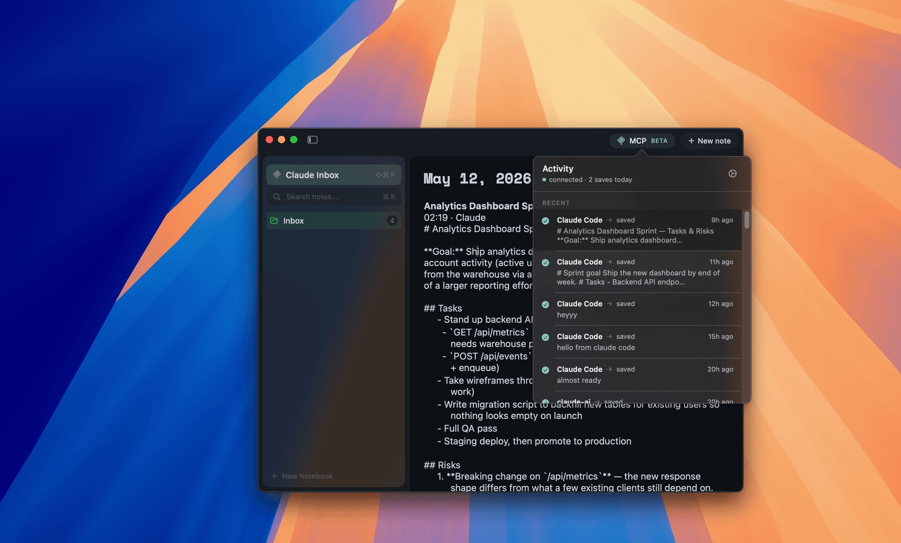 MCP activity popover with recent saves